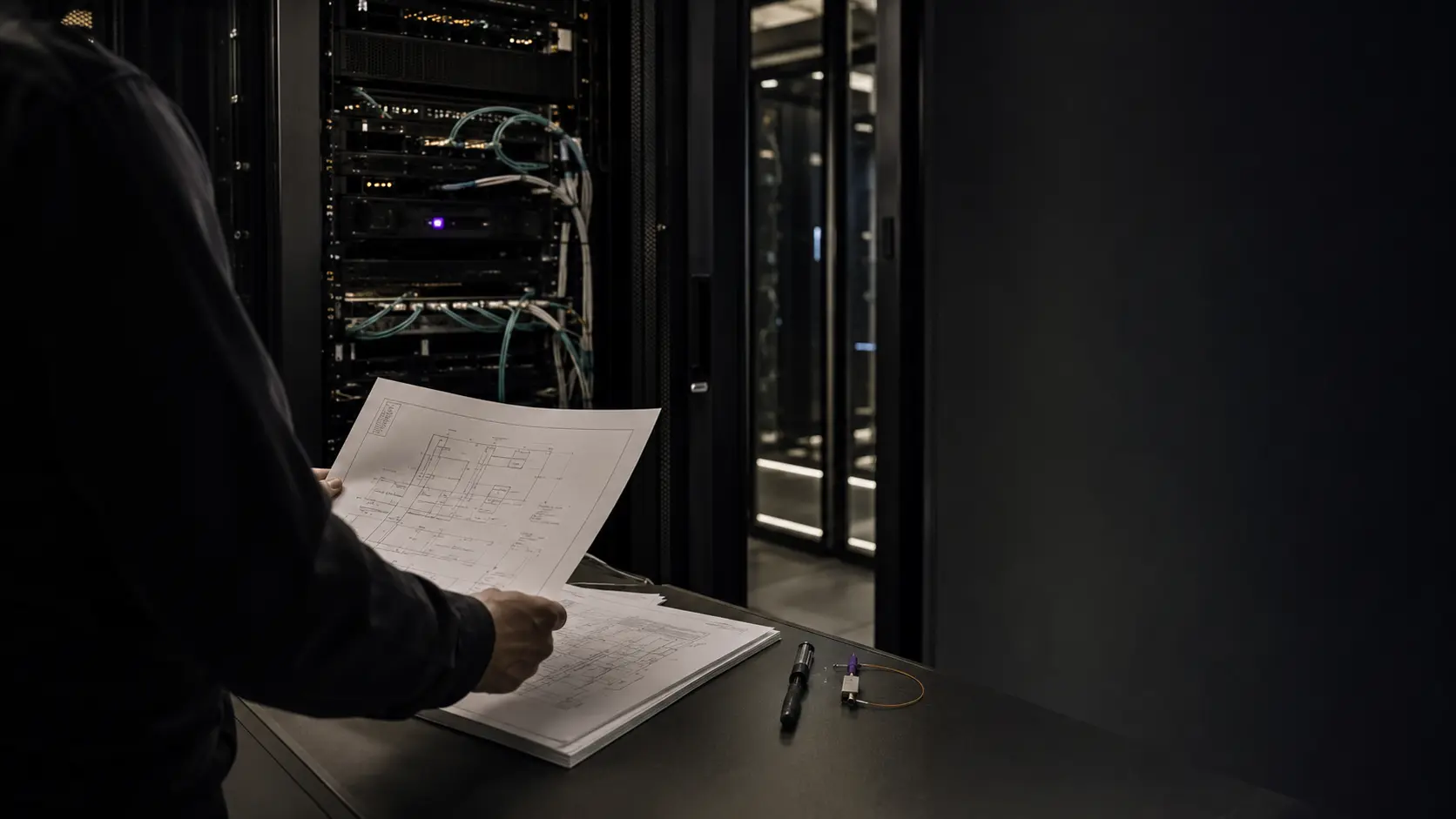 Defensive engineer reviewing architecture beside critical IT infrastructure